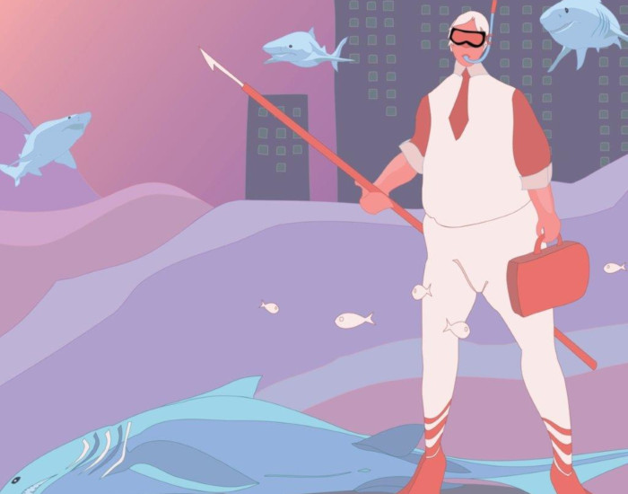 Man with Harpoon next to dead Shark
