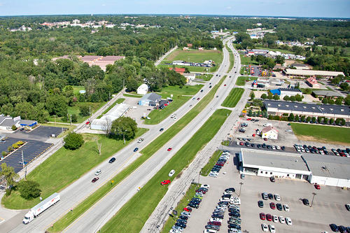 Aerial Valparaiso, Indiana over US 30