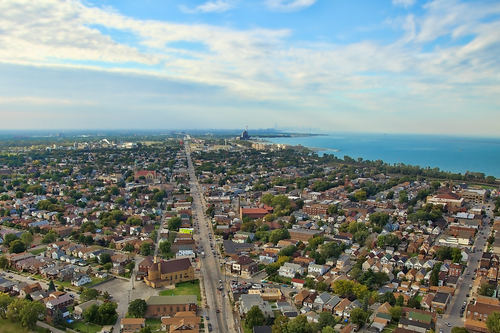 Aerial downtown Whiting, Indiana over Indianapolis Blvd