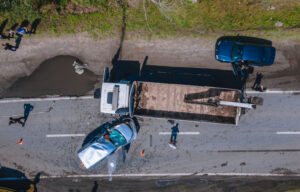 Truck Accident ariel view with cars after collision