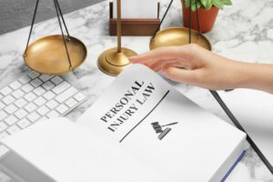 Closeup of a woman flipping through a book on a table with the title PERSONAL INJURY LAW visible on the page.