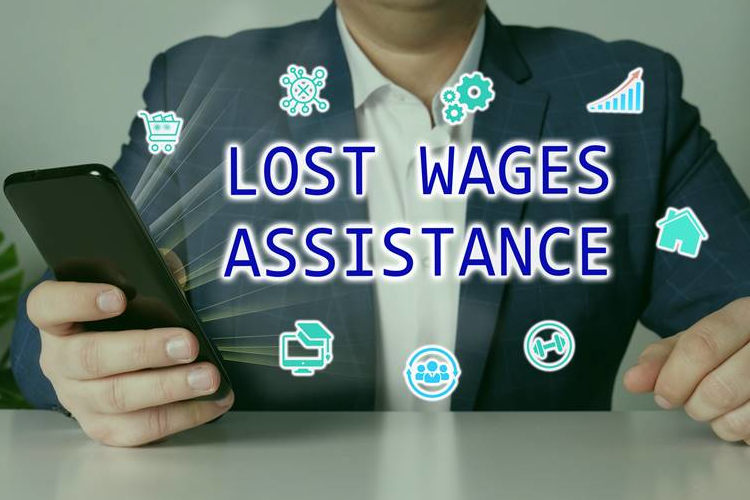 Man with phone with text overlay of lost wages assistance